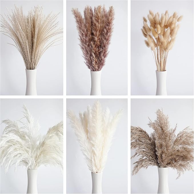110 PCS Dried Pampas Grass Bouquet, Boho Table Decor, Bunny Tails Dried Flowers, Brown Pompas, White Pampas Grass for Wedding, Home, Rustic Party, Baby Shower Decorations-CasaMuseHome