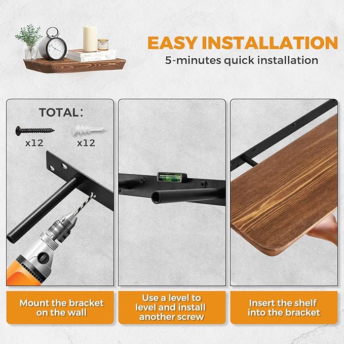 16"x6.8"x1.6" Slanted Floating Wall Shelves 2-Pack - Rustic Brown Finish, Heavy-Duty Solid Wood Design with Hidden Brackets - Perfect for Living Room, Kitchen, Bathroom, or Office-CasaMuseHome