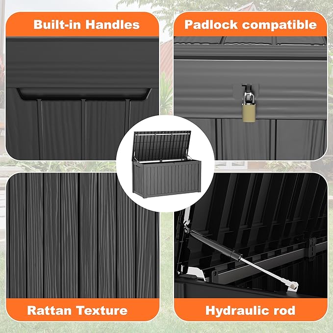 150 Gallon Resin Deck Box, Lockable Patio Outdoor Storage Box for Furniture, Garden Tools and Tools Storage, Waterproof Outside Storage Boxes - Black-CasaMuseHome