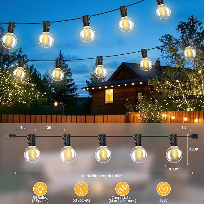 100FT G40 LED Outdoor String Lights with 50 Shatterproof Bulbs + 2 Spares, E12 Socket, 2700K Warm White, Weatherproof Black Cable, for Patio, Backyard, Wedding, Party, Porch, Deck, Gazebo, Camping-CasaMuseHome