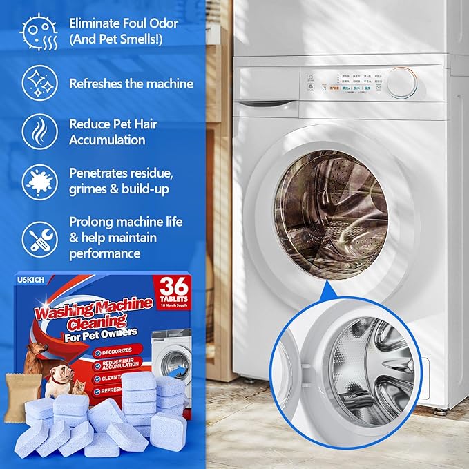 36Pack Washing Machine Cleaner Tablets-18 Month Supply,Washer Machine Cleaner Formulated For Pet Owners,Easy Pet Hair Remover for Laundry,Compatible with HE, Top & Front Load Washer.Septic Safe-CasaMuseHome