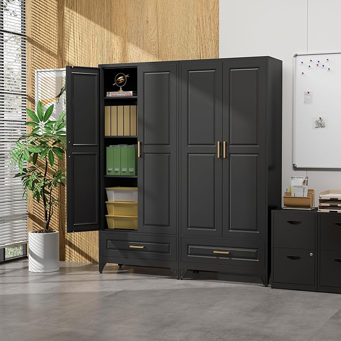 75" Kitchen Pantry Cabinet with Drawer, Metal Storage Cabinets with Doors and 4 Adjustable Shelves,Black Kitchen Cabinet with 2 Gold Handles,Food Cupboard for Livingroom,Pantry-CasaMuseHome