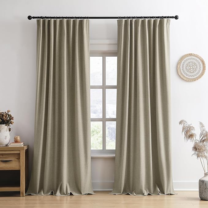 102 Inch Long Blackout Linen Blend Curtains 2 Panels,70 Wide Back Tab Pinch Pleated Look Window Drapes with Hooks,Track System Curtain Panels for Sliding Door Modern Farmhouse 70x102 Light Taupe-CasaMuseHome