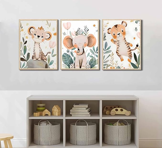 3 Pcs Safari Animals Nursery Canvas Wall Art Jungle Animals Cheetah Elephant Tiger Kids Room Illustration Pictures Wall Decor Posters Print Artwork for Classroom Boy's Girl's Room Bedroom-CasaMuseHome