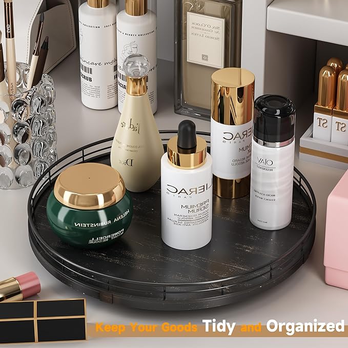 13" Oak Bathroom Vanity Tray Turntable for Perfume Candle, Round Wooden Decorative Tray for Kitchen Sink Countertop Organizer, Bathroom Counter Organizer for Skincare Makeup, Farmhouse Black Gold-CasaMuseHome