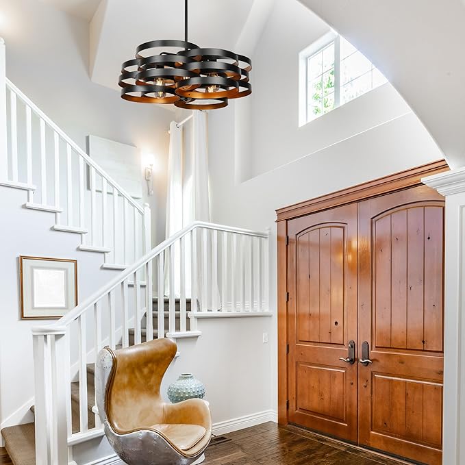 6-Light Modern Farmhouse Chandeliers for Dining Room, Rustic Multiple Rings Pendant Lighting, Industrial Metal Round Chandelier for Kitchen Entryway, Black with Gold Interior-CasaMuseHome