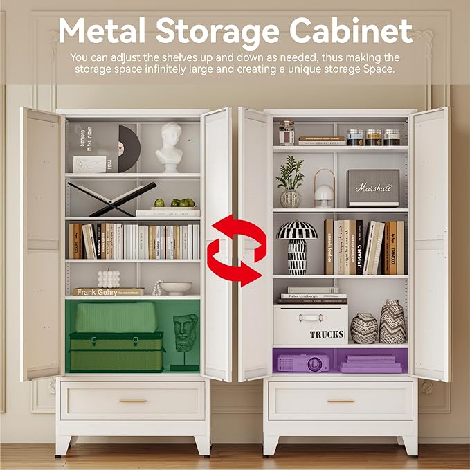 71 "Farmhouse Metal Filing Cabinet with a Drawer and 4 Adjustable Shelves, with 2 Large barn Door White Kitchen Cabinets, Metal Food Cabinets for Home, Kitchen, Dining/Living Room (White)-CasaMuseHome