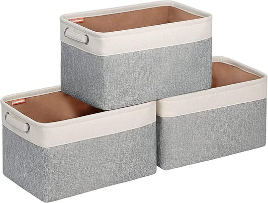 Kntiwiwo Storage Baskets for Closet 15" x 10" x 9.5" Fabric Storage Bins for Shelves Decorative Storage Cubes with Handles Large Linen Closet Organizer Bins for Home, Set of 3, Grey-CasaMuseHome