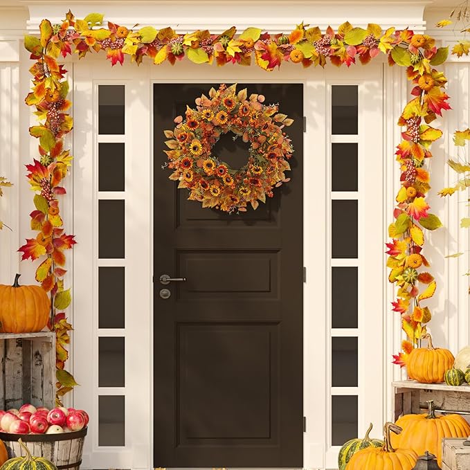 22 inch Artificial Fall Wreaths for Front Door,Autumn Wreath with Eucalyptus Leaves and Chrysanthemum Suitable for Indoor Outdoor Harvest Festival Thanksgiving Day Farmhouse Holiday Decor.-CasaMuseHome