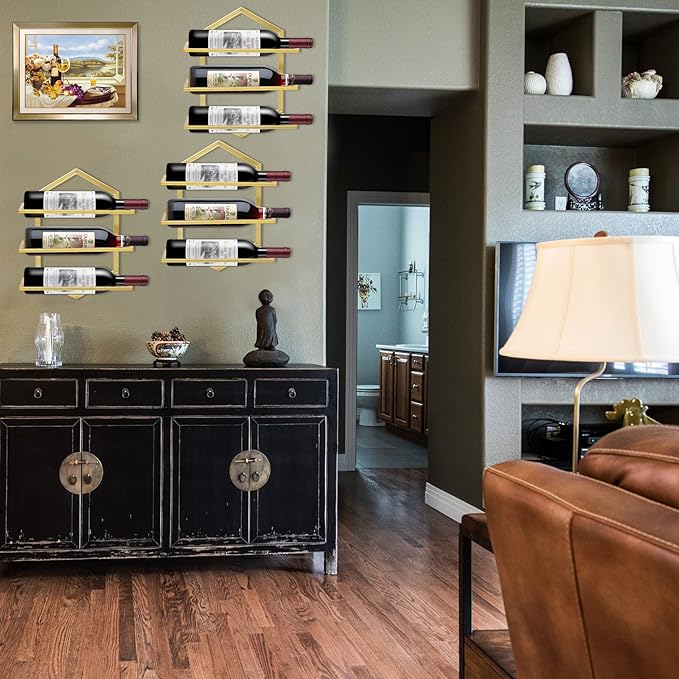 2Pcs Wall Mounted Wine Stemware Rack, Metal Hanging Wine Glass Display Holde Holds 3 Bottles, Elegant Storage for Kitchen Dining Room Bar Wine Cellar (Gold)-CasaMuseHome