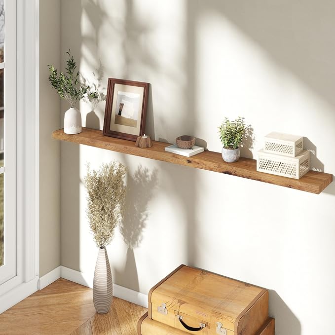 72" Floating Shelves, Live Edge Elm Wood Floating Shelf for Wall, Wall-Mounted Display Shelves with Invisible Heavy-Duty Bracket, Long Floating Shelf for Bathroom, Kitchen, Living Room, Natural Color-CasaMuseHome