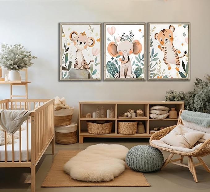 3 Pcs Safari Animals Nursery Canvas Wall Art Jungle Animals Cheetah Elephant Tiger Kids Room Illustration Pictures Wall Decor Posters Print Artwork for Classroom Boy's Girl's Room Bedroom-CasaMuseHome