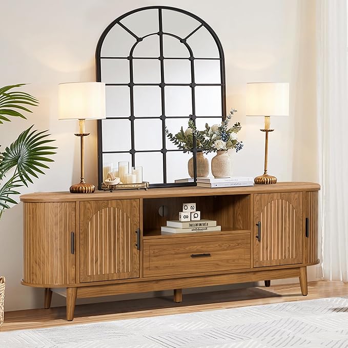 63" Fluted TV Stand for Tvs up to 70", Mid-Century Modern Entertainment Center with Drawers and Fluted Doors, Curved TV Media Console Table with Sliding Doors for Living Room, Bedroom (63")-CasaMuseHome