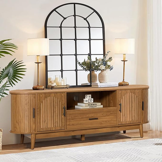 63" Fluted TV Stand for Tvs up to 70", Mid-Century Modern Entertainment Center with Drawers and Fluted Doors, Curved TV Media Console Table with Sliding Doors for Living Room, Bedroom (63")-CasaMuseHome