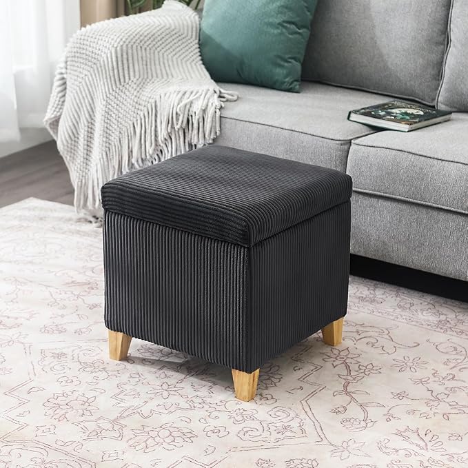 Adeco 18 Inch High Faux Fur Grey Cube Ottoman Storage, Fluffy Striped Velvet Chair Foot Stools, Small Bench Upholstered Vanity Stool with Hinged Lid, Solid Wood Legs-CasaMuseHome