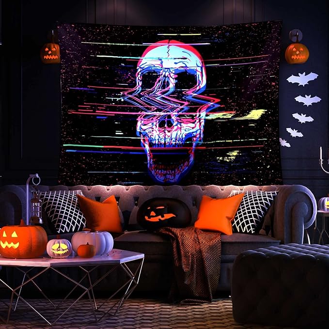 ADDWel Blacklight Skull Tapestry, Black Psychedelic Tapestry Glow In The Dark, UV Reactive Black Light Tapestries Posters Wall Hanging for Room Decor(50 * 60inches)-CasaMuseHome