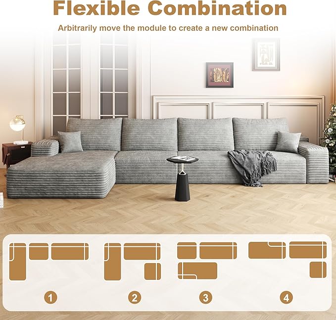 136" Sectional Couches for Living Room Modern Modular Sofa with L-Shape Couchs Upholstered Boneless Couch Deep Seat Sectional Couch with Chaise (Grey, Left Facing Chaise+3Seaters)-CasaMuseHome