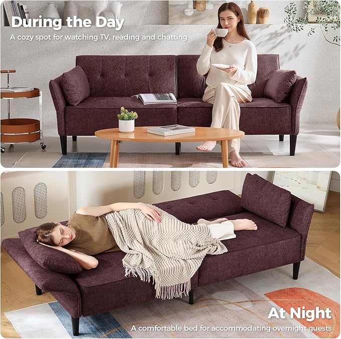 89” Futon Sofa Bed, Velvet Fabric Comfy Futon Couch Bed with 2 Square Pillows, Convertible Sleeper Sofa with Adjustable Backrest& Armrests, Modern Loveseat Sleeper for Living Room, Burgundy-CasaMuseHome