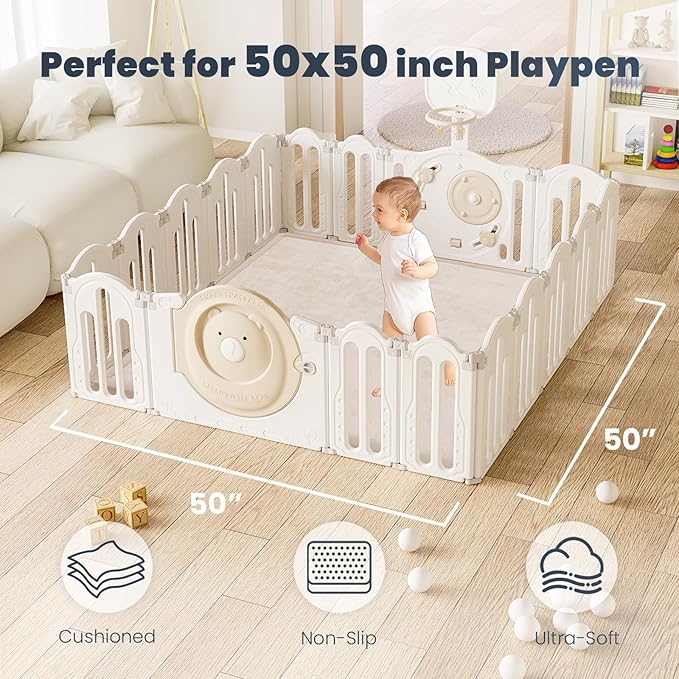 ACOMOPACK Baby Play Mat for Floor 1.3" Thick Memory Foam 50x50 Soft Velvet Playpen Mat for Kids,Infants,Toddlers,Tummy Time Crawling Mats with Non-Slip Bottom,Yoga,Tatami,Nursery Rug（Beige）-CasaMuseHome