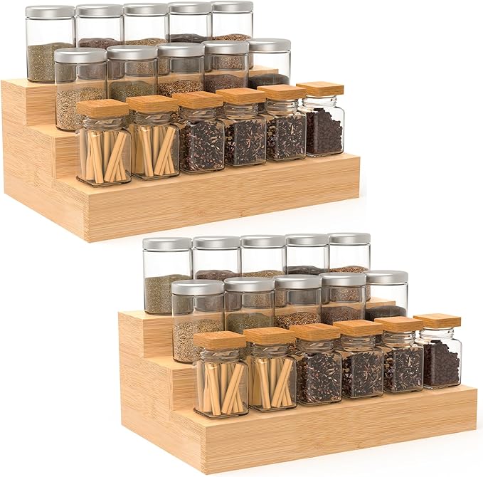 2 Pack Bamboo Spice Rack Organizer for Countertop, 3 Tier Spice Step Shelf for Cabinet (Jars Not Included)-CasaMuseHome