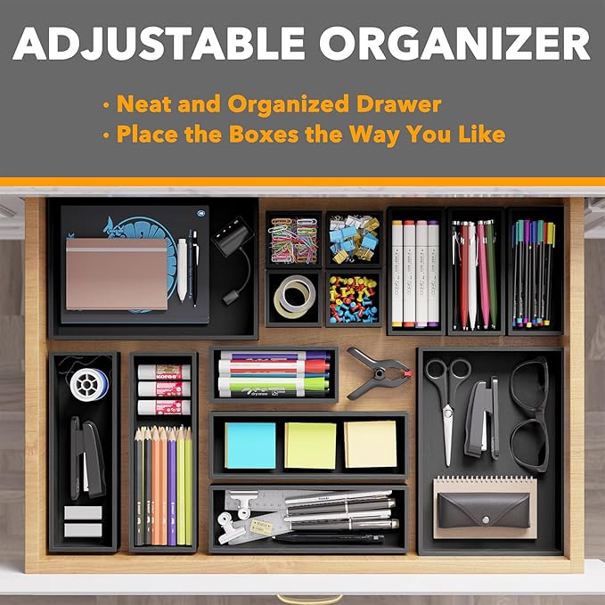 SpaceAid 14-Piece Bamboo Drawer Organizer Storage Boxes Set, Wood Tray Junk Drawer Organizers Multi-Use Divider Bins for Kitchen, Bathroom, Office Desk and Makeup Organization (14 Pack, Black)-CasaMuseHome