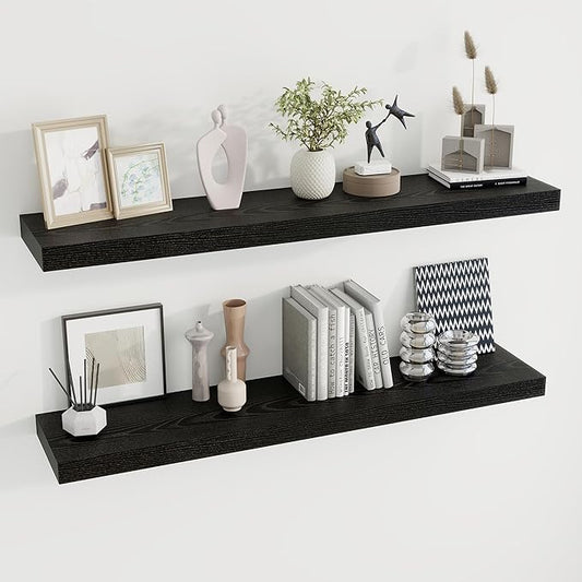 48 inch Floating Shelves for Wall Large Wall Mounted Shelves with Invisible Brackets, Black Long Shelves for Bathroom, Living Room, Kitchen, Office, 48x9.1 inch deep Set of 2-CasaMuseHome