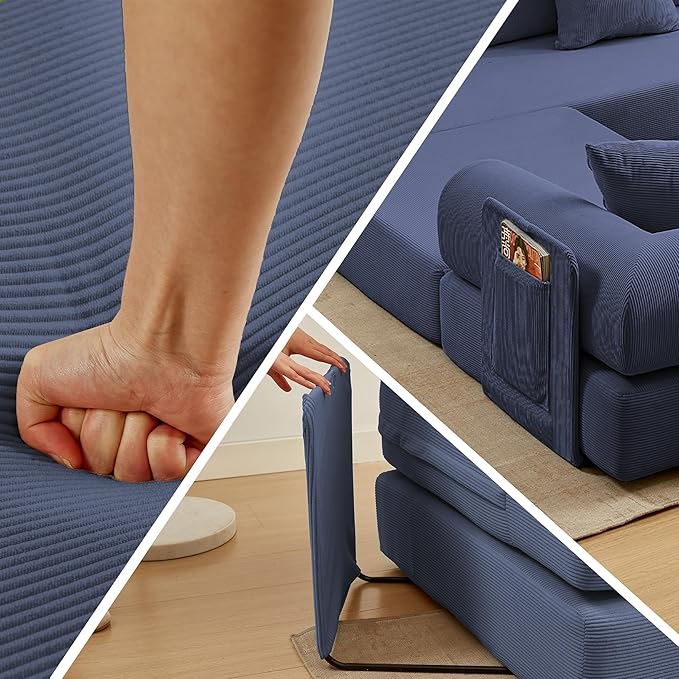 107" Oversized Convertible Sleeper Sofa Bed, Corduroy L Shape Sectional Couch, Folding Sofa Bed with Side Pocket, Modern Cloud Floor Mattress Couch,Modular Sofa for Living Room,Dark Blue-CasaMuseHome