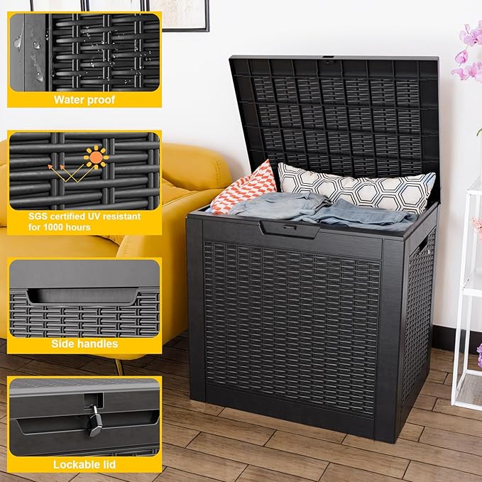 30 Gallon Wicker Pattern Resin Deck Box, Lockable Patio Outdoor Storage Box for Furniture, Garden Tools and Tools Storage, Waterproof Outside Storage Box - Black Rattan-CasaMuseHome