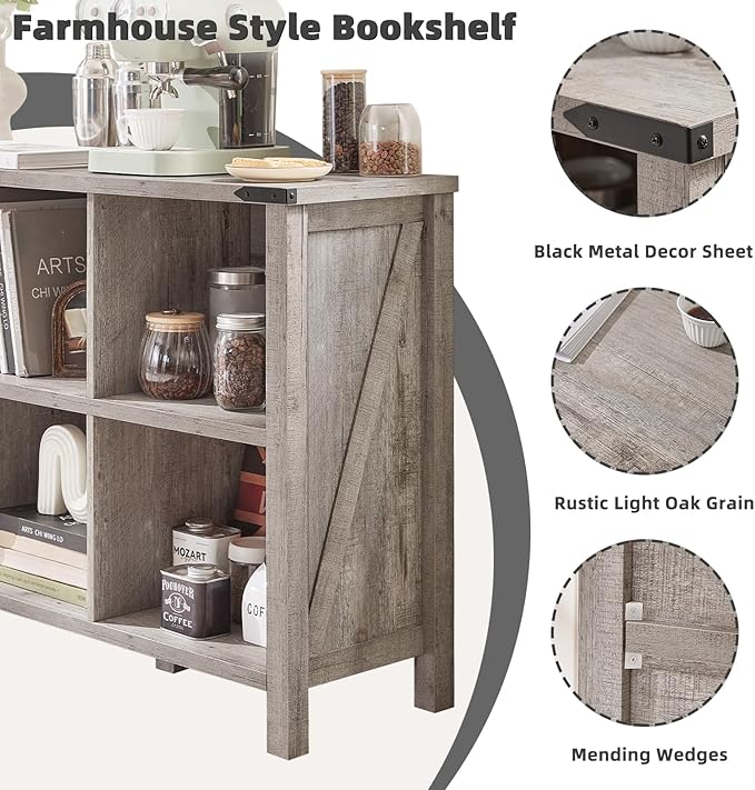 8 Cube Book Shelf, Farmhouse Wood Long Storage Organizer Bookcase, 62" Horizontal Grey Oak Console Closet Bookshelf, Hallway TV Stand for Entryway, Display Cabinet Book Case for Living Room-CasaMuseHome