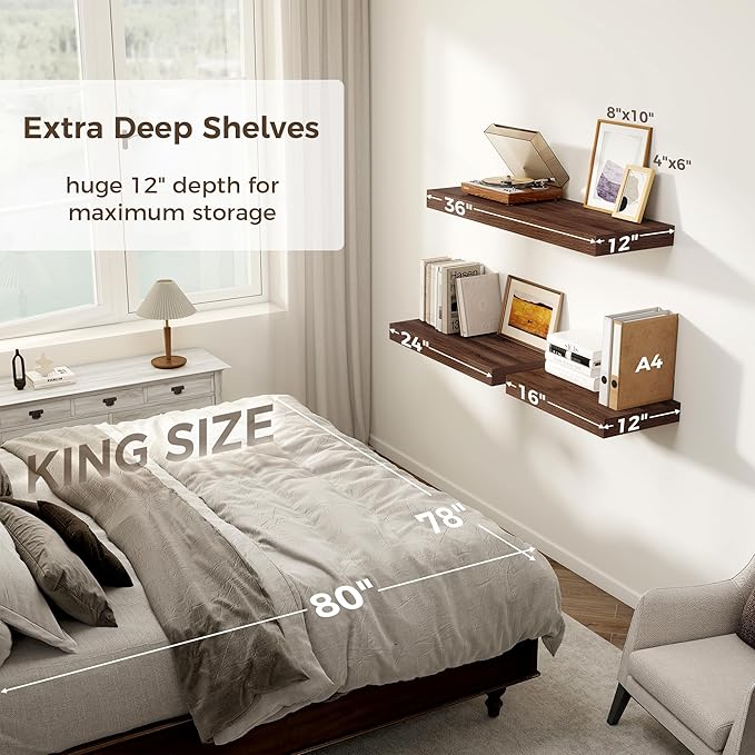 12 Inch Deep Floating Shelves, 24 x 12 Floating Shelf for Books, Rustic Wood Deep Wall Shelves for Home Storage & Display, 2" Thicked Shelves for Kitchen, Living Room, Bedroom, Walnut Color, 1 Pack-CasaMuseHome