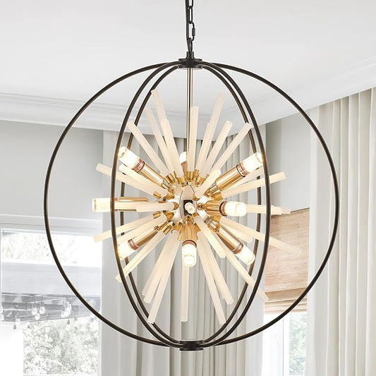 23.6" Black Gold 12-Light Globe Sputnik Chandelier Modern Adjustable Hanging Ceiling Glass Tube Pendant Light Fixture for Entryway Foyer Staircase Dining Living Room Hallway-CasaMuseHome