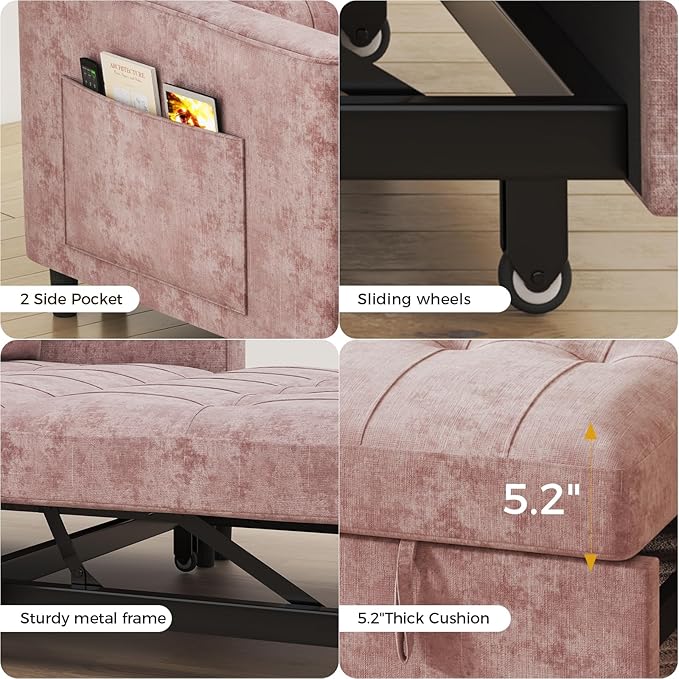 3 in 1 Convertible Sleeper Sofa Bed, Pull Out Couch Bed with Adjustable Backrest, Chenille Loveseat Couches with Side Pocket for Living Room, Bedroom (Pink)-CasaMuseHome