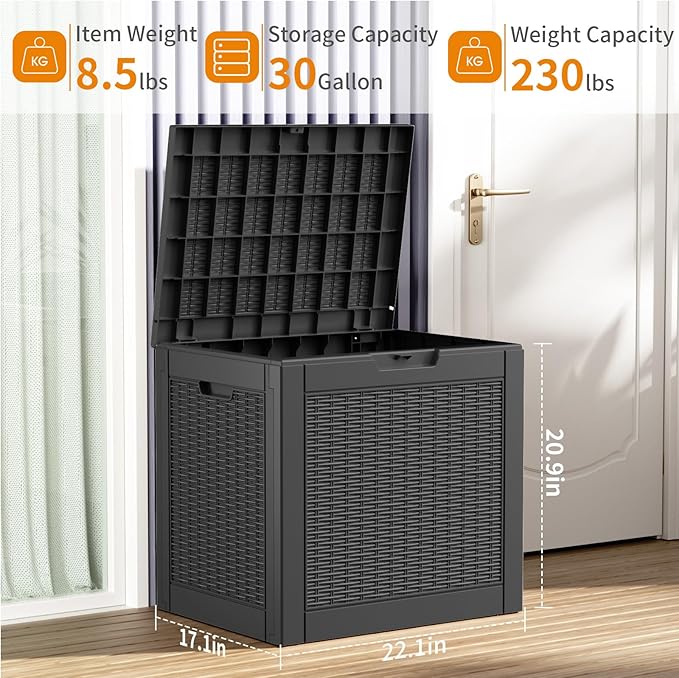 30 Gallon Resin Deck Box, Lockable Patio Outdoor Storage Box for Furniture, Garden Tools and Tools Storage, Waterproof Outside Storage Boxes - Black-CasaMuseHome