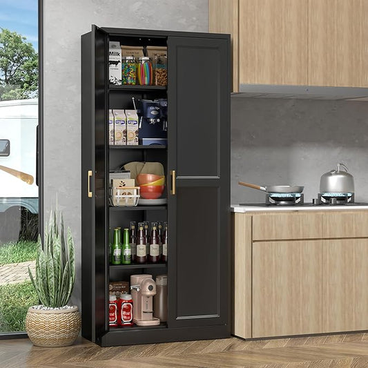 71" Storage Cabinet, Metal Pantry Cabinet, Kitchen Pantry Storage Cabinets with Doors and 4 Shelves for Laundry Room, Living Room, Dinning Room, Assembly Required, Black-CasaMuseHome