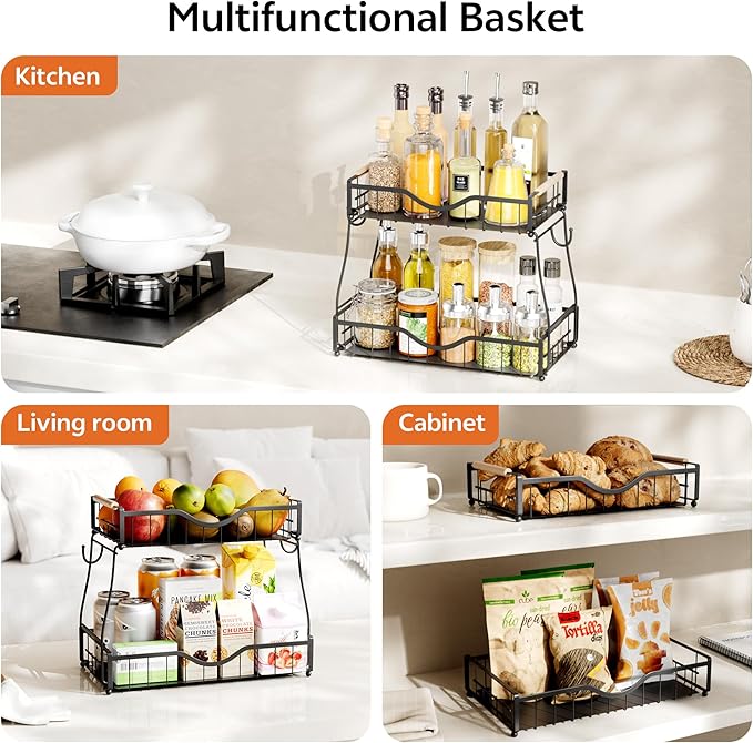 2 Tier Fruit Basket with 2 Banana Hangers, Fruit Bowl for Kitchen Countertop with 2 Wooden Handle, Detachable Metal Fruit Holder for Vegetable Bread with 2 Protective Pads, Black-CasaMuseHome