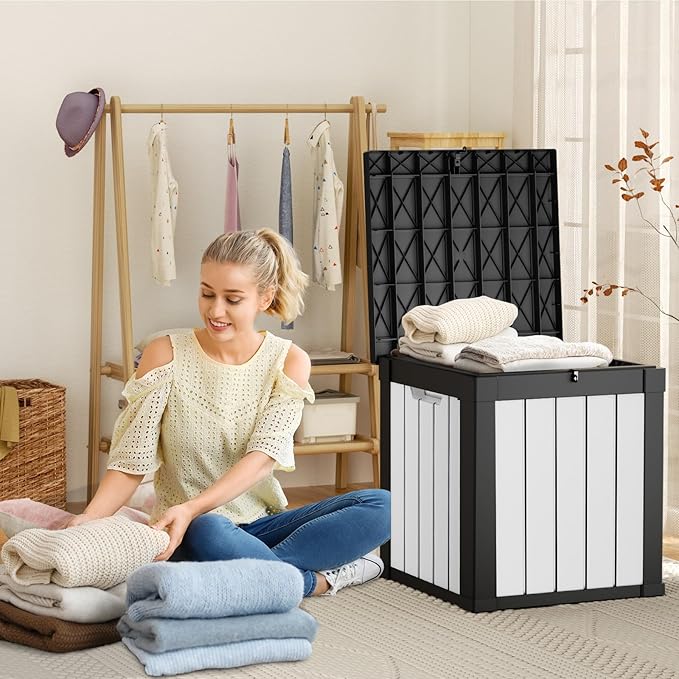 40 Gallon Resin Deck Box, Lockable Patio Outdoor Storage Box for Furniture, Garden Tools and Tools Storage, Waterproof Outside Storage Boxes - Black&White-CasaMuseHome