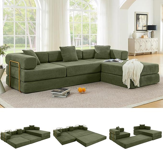 108" Oversized Convertible Sleeper Sofa Bed, Corduroy L Shape Sectional Couch, Folding Sofa Bed with Side Pocket, Modern Cloud Floor Mattress Couch, Modular Sofa for Living Room, Green-CasaMuseHome