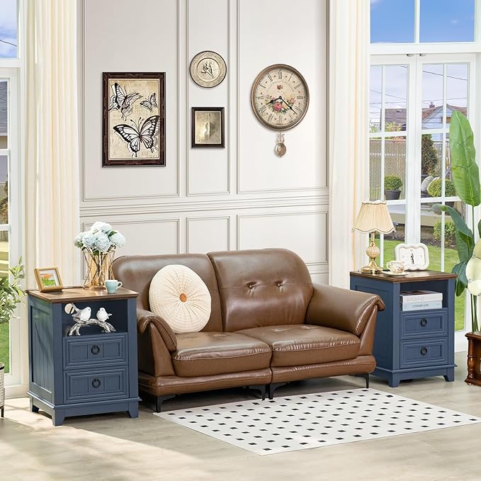 18" Farmhouse Night Stand with Charging Station, 2 Drawers End Table Dresser for Bedroom, Blue Wooden Nightstand, Bed Side Table with Open Shelf, Bedside Cabinet for Living Room, Closet-CasaMuseHome