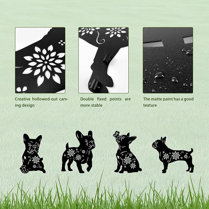 4 Pack Bulldog Metal Garden Decorative Stakes, Weather Proof Puppy Silhouette Statues for Yard, Patio,Outdoor Decor for Bulldog Lovers and Pet Owners-CasaMuseHome