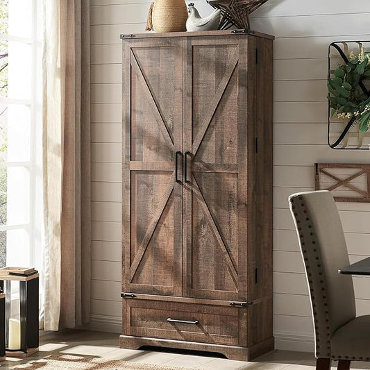72" Farmhouse Kitchen Pantry Cabinet With Drawer, Tall Storage With 2 Barn Doors and Shelves, Versatile Large Rustic for Dining Room, Bathroom, Living Room, Rustic Brown-CasaMuseHome