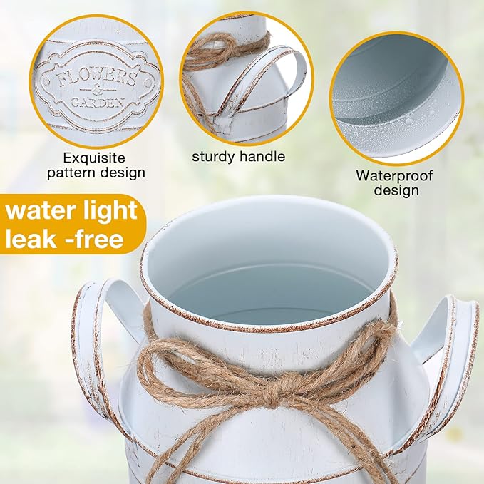 6 Inch Farmhouse Vase Decor Milk Can Vintage Flower Jug Galvanized Metal Vase with Handle Rustic Flower Buckets for Thanksgiving Christmas Table Centerpiece Weddings Gifts(Retro White,16 Pcs)-CasaMuseHome