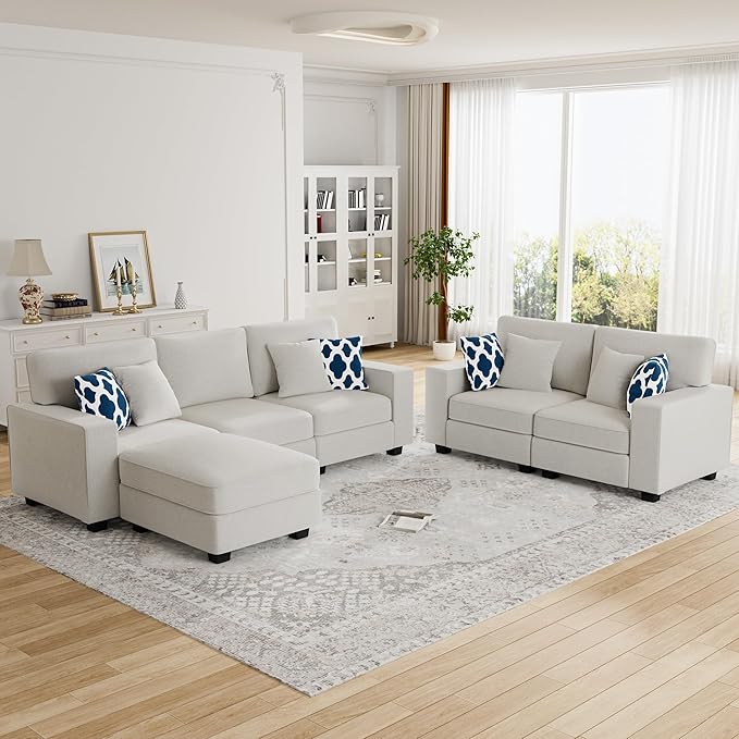 L Lengend Vansen Modular Sectional Sofa U Shaped Couch with Ottoman Modern Reversible Corner Sectional Couch for Living Room (Cream, 2+3 with Ottoman)-CasaMuseHome
