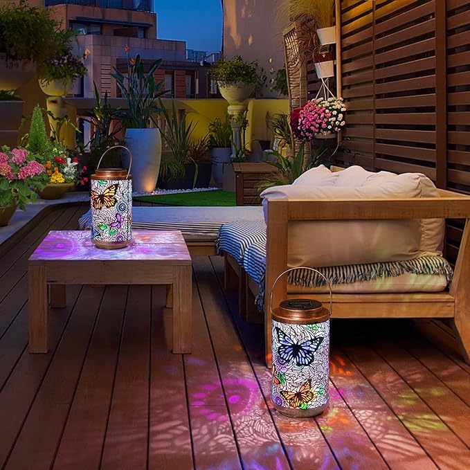 2Pack Solar Lanterns Outdoor Waterproof Colorful Butterfly Garden Gifts for Women, Multicolor Solar Outside Lights Patio Lantern for Yard, Backyard, Porch, Mothers Day Gifts for Mom Grandma Wife-CasaMuseHome