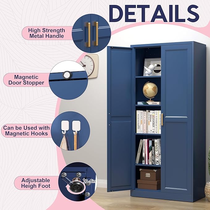 71" Storage Cabinet, Metal Pantry Cabinet, Kitchen Pantry Storage Cabinets with Doors and 4 Shelves, Cabinets for Laundry Room, Living Room, Dinning Room, Assembly Required, Blue-CasaMuseHome