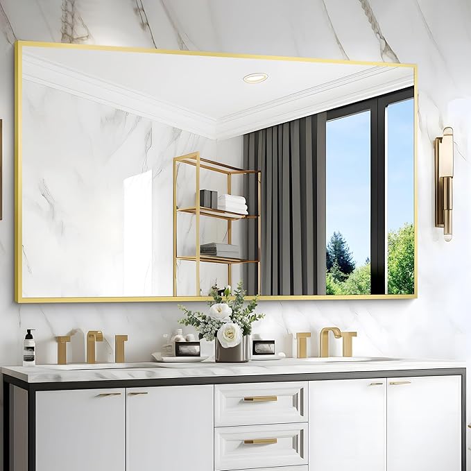 36x55inch Bathroom Mirror, Gold Rectangle Mirror with Thin Metal Frame, Large Rectangular Wall Mirror for Bathroom, Living Room, Hair Salon, Big Farmhouse Mirror Hang Horizontal/Vertical-CasaMuseHome