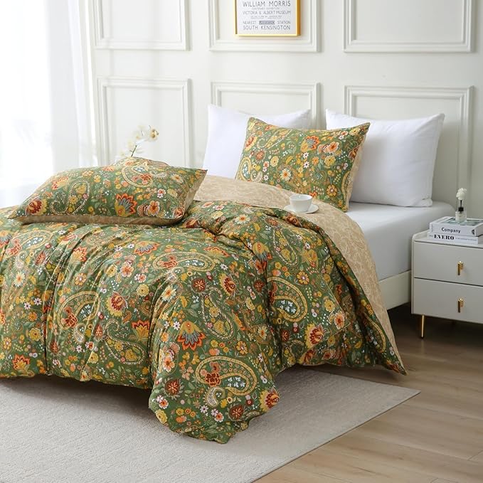 ABREEZE Paisley Bedding Sets 3Pcs Brushed Cotton Duvet Cover Set King Size Rustic Damask Green Floral Comforter Cover with Zipper Closure Boho Bedding Collections-CasaMuseHome