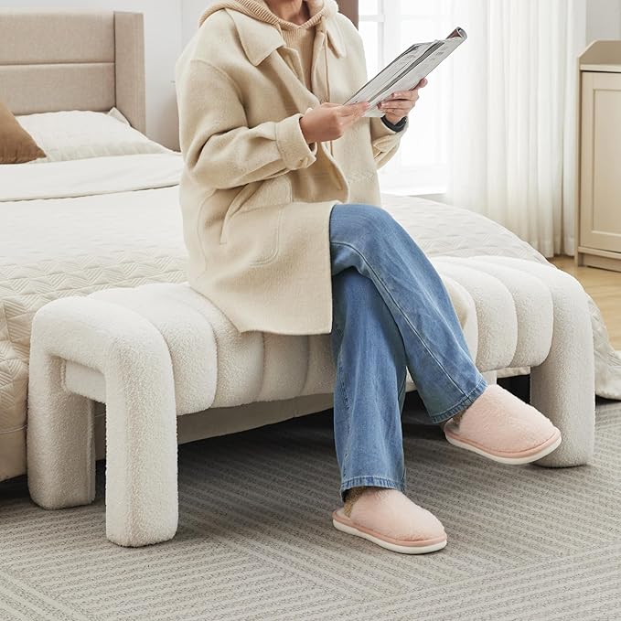 43.3" Bedroom Bench, Upholstered Entryway Bench, Modern End of Bed Ottoman with Solid Wood Legs and Adjustable Foot Pegs for Entryway, Dining Room and Living Room (White Teddy)-CasaMuseHome