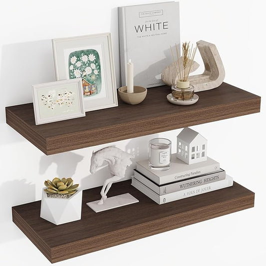 24 Inch Floating Shelves, 24"x9.25"x1.5" Inch Deep Floating Shelves for Wall, Wooden Shelves for Bathroom, Bedroom, Living Room, Walnut-CasaMuseHome