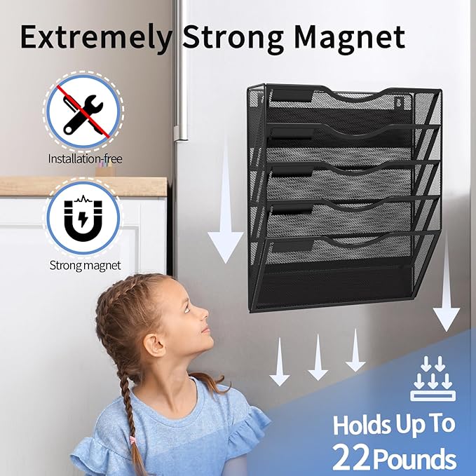 5-Tier Magnetic File Holder, No Drilling Installation File Cabinet Organizer, Black Magnetic File Organizer, Magazine Rack, Magnetic Paper Holder for Refrigerator, File Cabinets, Whiteboard-CasaMuseHome