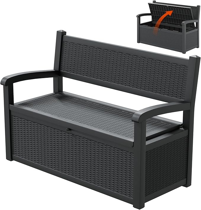 70 Gallon Lockable Outdoor Storage Bench Waterproof, Deck Box Bench for Patio, Porch, Garden, Poolside, Stores Tools & Pool Supplies, Heavy-Duty Outdoor Bench with Storage, Black-CasaMuseHome